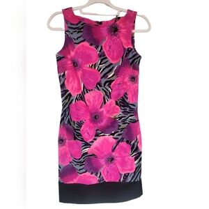 AB Studio Size 2 Sleeveless Fuschia/Black Tropical Print Dress